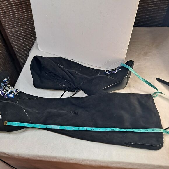 Rose Wand OTK Embroidered Boots Women's 12M Fabric Upper Black Renaissance Boho - Picture 9 of 13